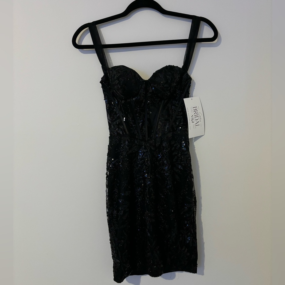 Mini Black sparkly Sequin party dress with corset and cross tie back (backless)